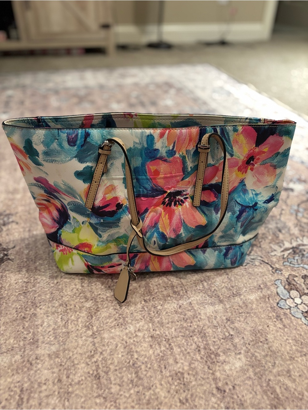 Guess Floral Canvas Tote Bag with Tan Trim